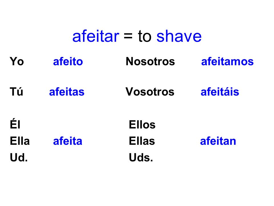 afeitar = to shave Yo afeito Nosotros afeitamos