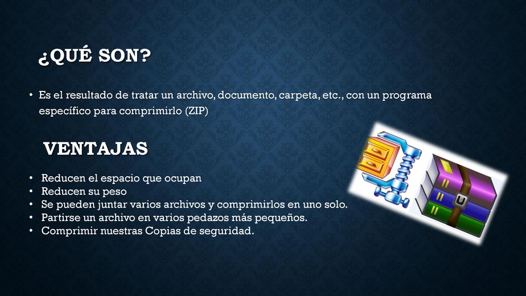 ¿qué son Es el resultado de tratar un archivo, documento, carpeta, etc., con un programa específico para comprimirlo (ZIP)
