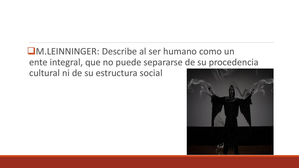 M.LEINNINGER: Describe al ser humano como un ente integral, que no puede separarse de su procedencia cultural ni de su estructura social