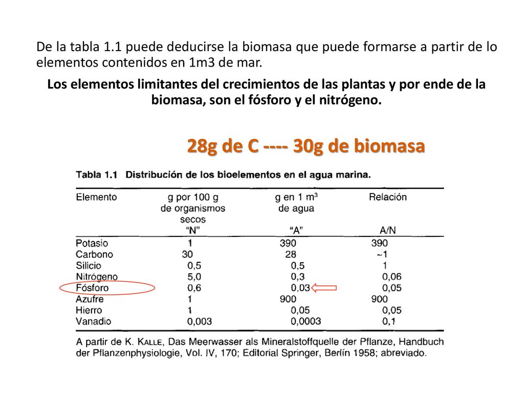 De la tabla 1.1 puede deducirse la biomasa que puede formarse a partir de lo elementos contenidos en 1m3 de mar.