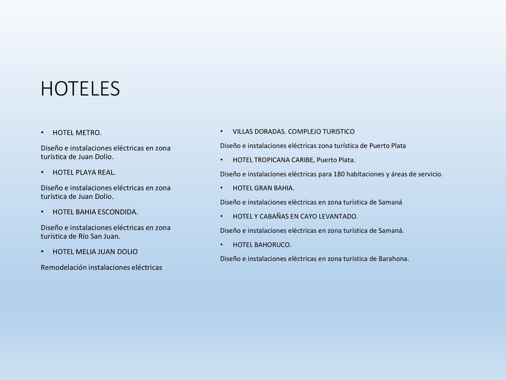 HOTELES HOTEL METRO. Diseño e instalaciones eléctricas en zona turística de Juan Dolio. HOTEL PLAYA REAL.