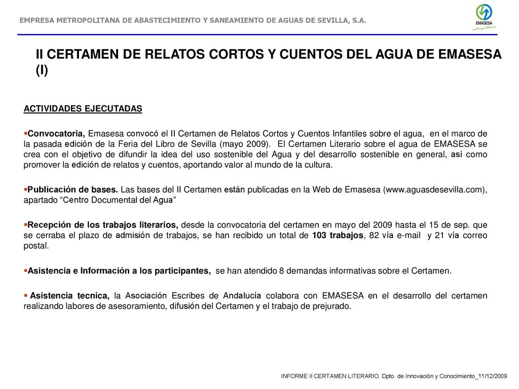 II CERTAMEN DE RELATOS CORTOS Y CUENTOS DEL AGUA DE EMASESA (I)