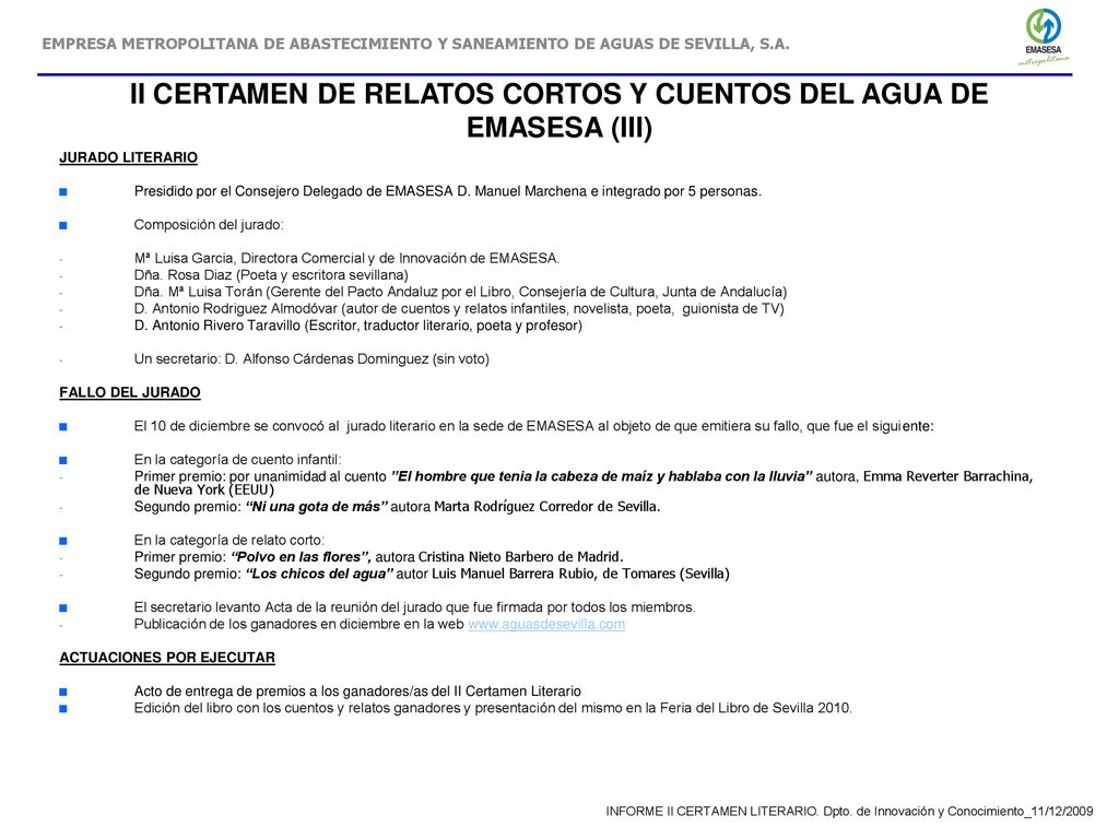 II CERTAMEN DE RELATOS CORTOS Y CUENTOS DEL AGUA DE EMASESA (III)