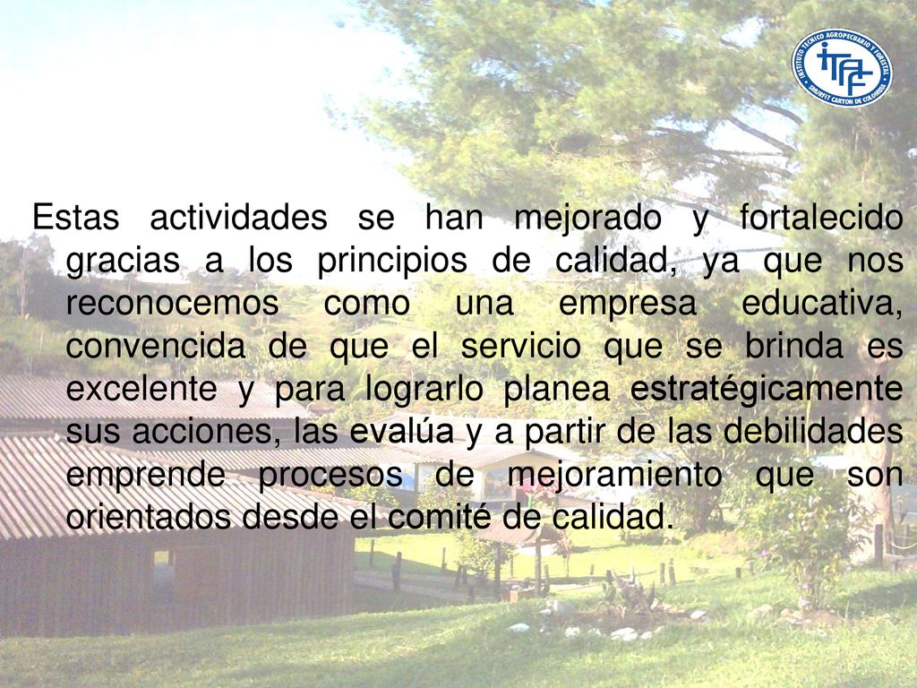 Estas actividades se han mejorado y fortalecido gracias a los principios de calidad, ya que nos reconocemos como una empresa educativa, convencida de que el servicio que se brinda es excelente y para lograrlo planea estratégicamente sus acciones, las evalúa y a partir de las debilidades emprende procesos de mejoramiento que son orientados desde el comité de calidad.