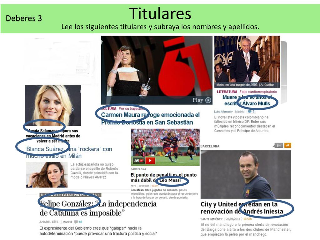 Lee los siguientes titulares y subraya los nombres y apellidos.