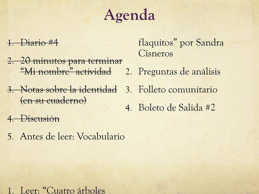 Agenda Diario #4 Leer: Cuatro árboles flaquitos por Sandra Cisneros