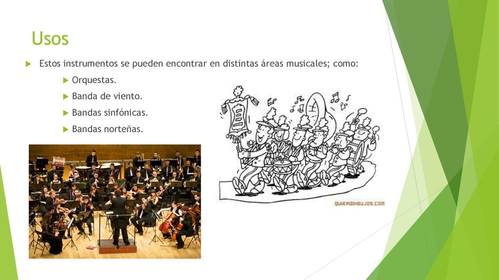 Usos Estos instrumentos se pueden encontrar en distintas áreas musicales; como: Orquestas. Banda de viento.