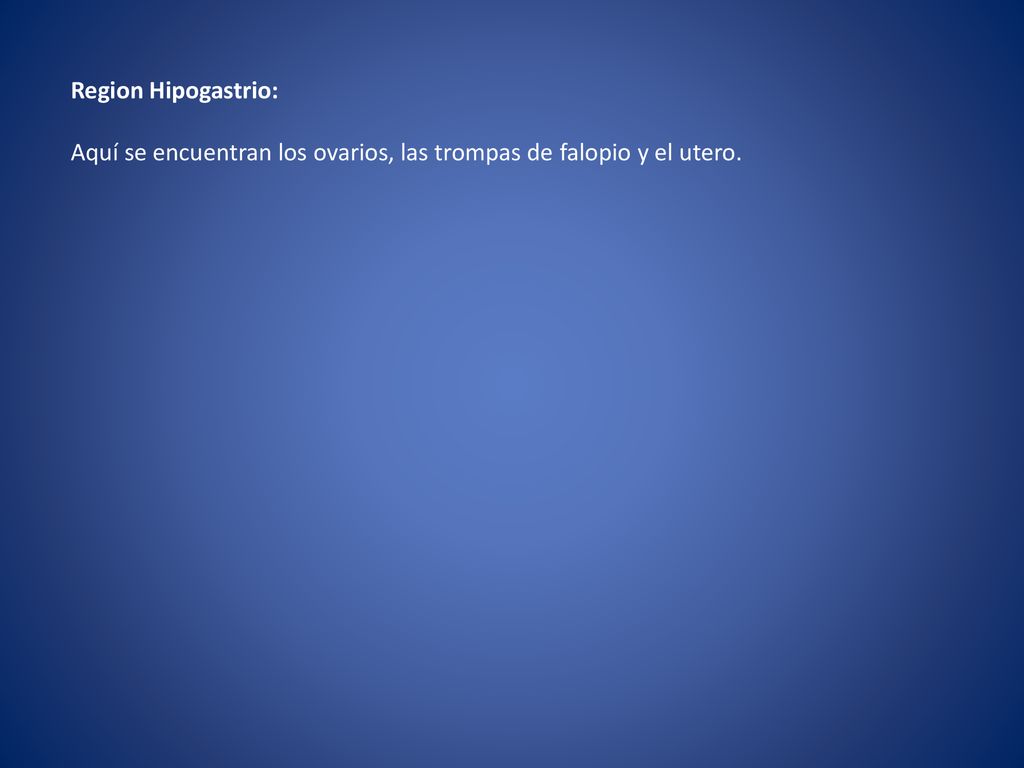 Region Hipogastrio: Aquí se encuentran los ovarios, las trompas de falopio y el utero.
