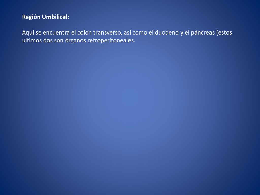Región Umbilical: Aquí se encuentra el colon transverso, así como el duodeno y el páncreas (estos ultimos dos son órganos retroperitoneales.