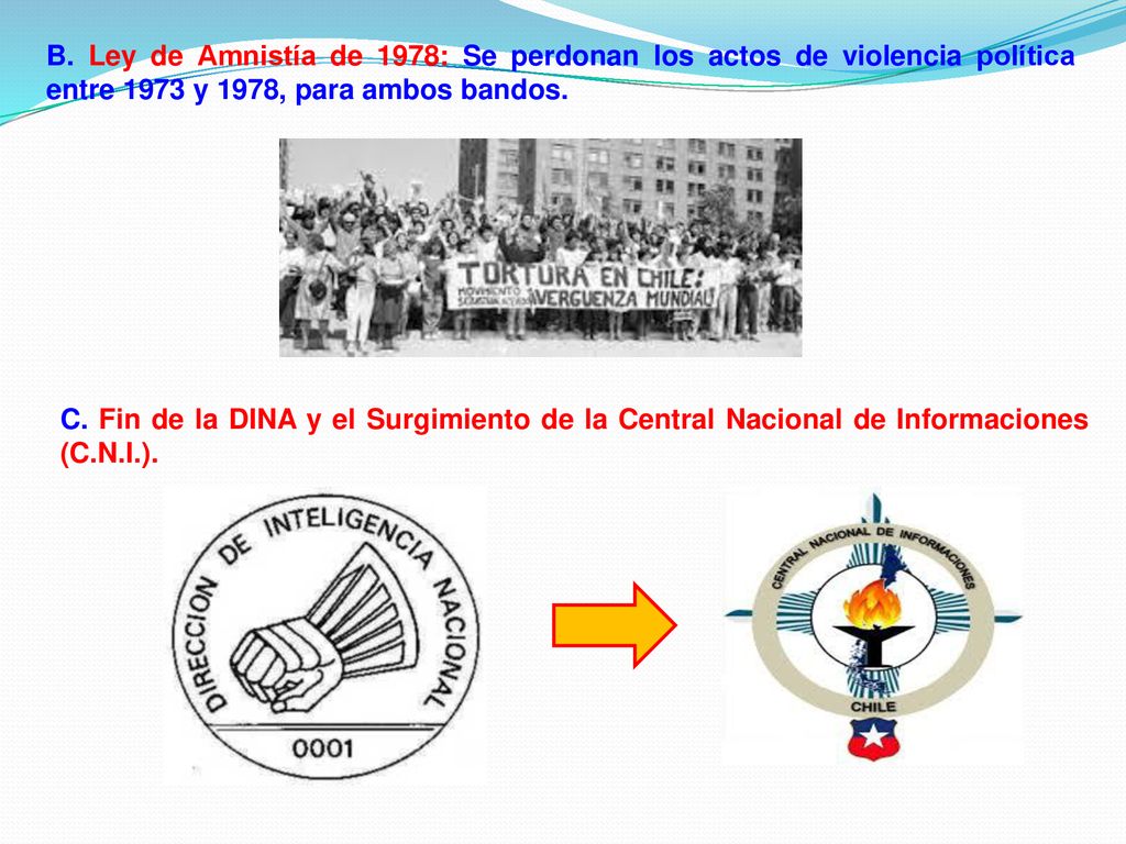 B. Ley de Amnistía de 1978: Se perdonan los actos de violencia política entre 1973 y 1978, para ambos bandos.