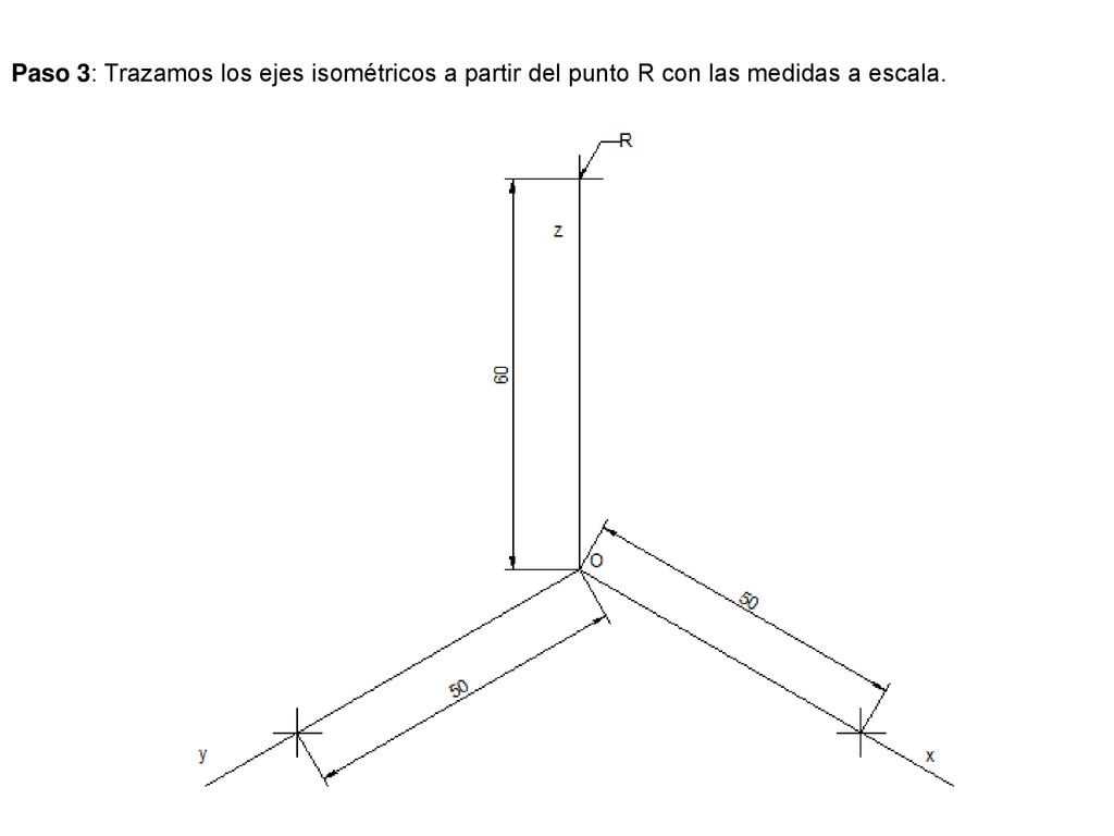 Paso 3: Trazamos los ejes isométricos a partir del punto R con las medidas a escala.