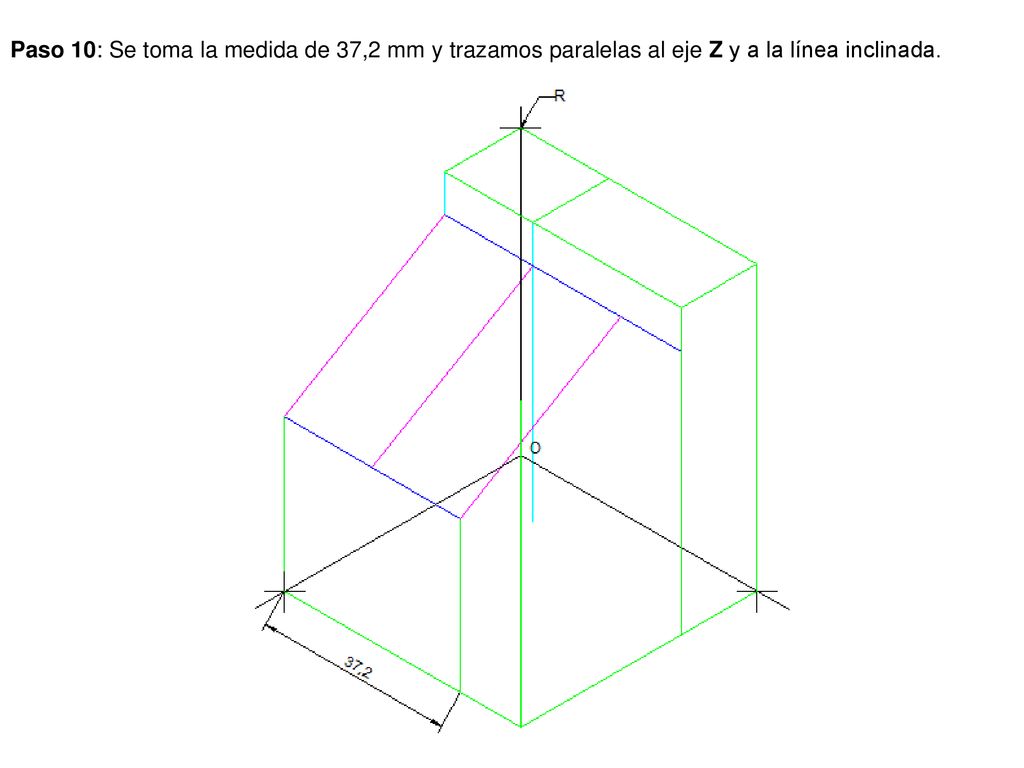Paso 10: Se toma la medida de 37,2 mm y trazamos paralelas al eje Z y a la línea inclinada.