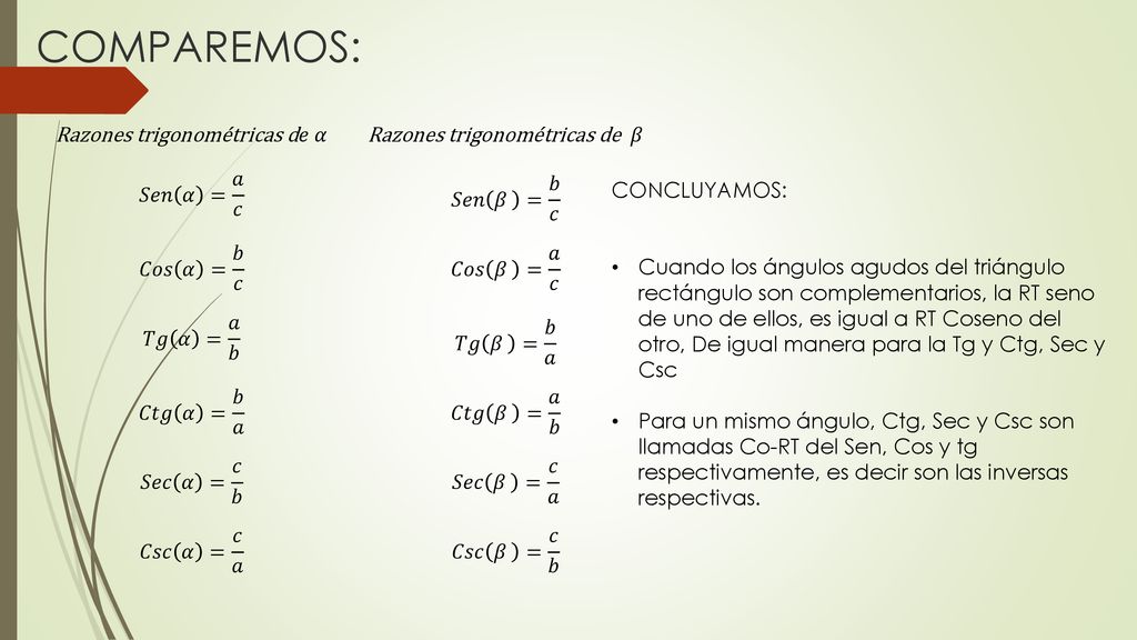 COMPAREMOS: Razones trigonométricas d𝑒 𝛼 𝑆𝑒𝑛 𝛼 = 𝑎 𝑐 𝐶𝑜𝑠 𝛼 = 𝑏 𝑐
