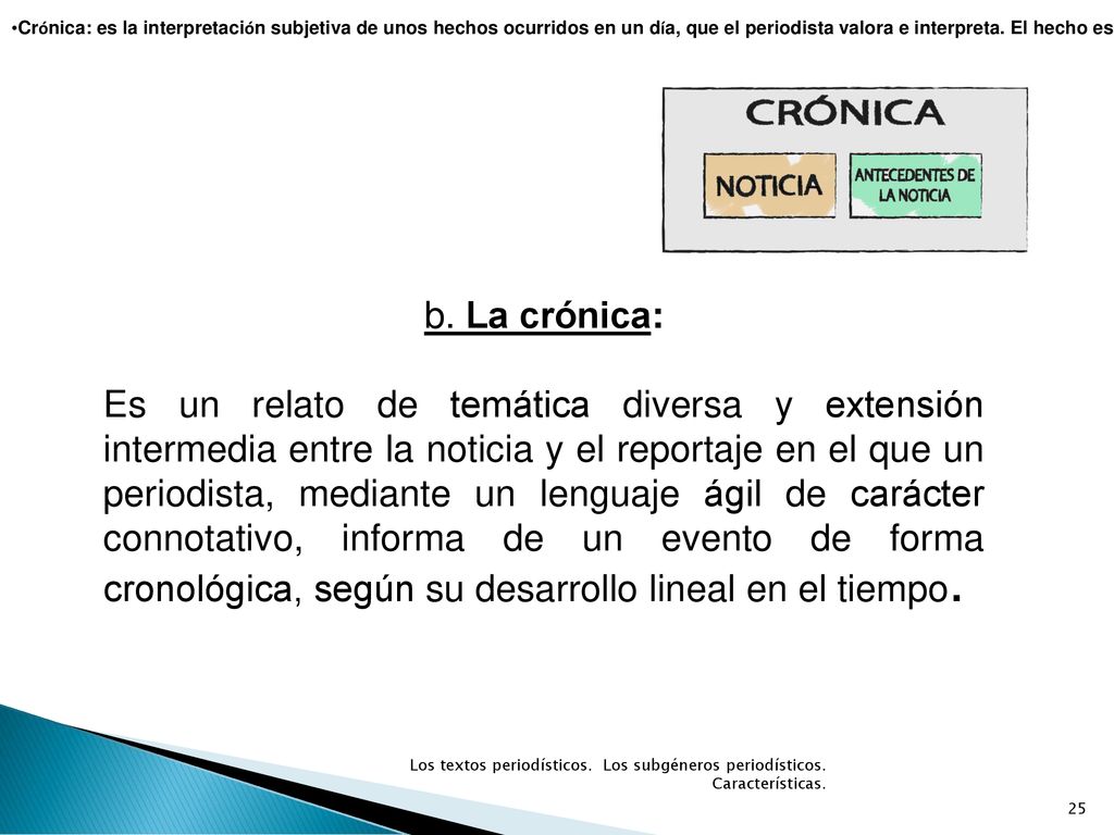 Crónica: es la interpretación subjetiva de unos hechos ocurridos en un día, que el periodista valora e interpreta. El hecho es contado desde el lugar en el que se produce y desde un enfoque cronológico. Puede estar elaborada por un corresponsal destacado en un país extranjero, o por los enviados especiales a acontecimientos sociales o políticos. Destacan las crónicas de conflictos bélicos, taurinas,deportivas y cinematográficas.