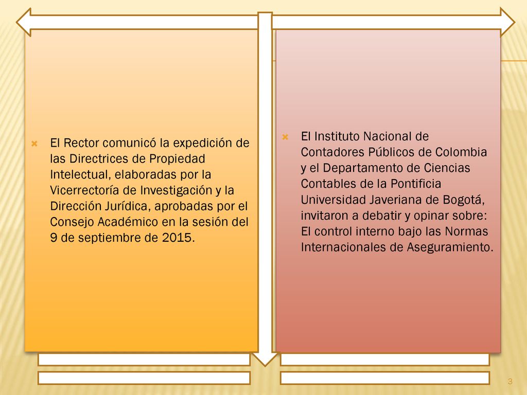 El Rector comunicó la expedición de las Directrices de Propiedad Intelectual, elaboradas por la Vicerrectoría de Investigación y la Dirección Jurídica, aprobadas por el Consejo Académico en la sesión del 9 de septiembre de 2015.