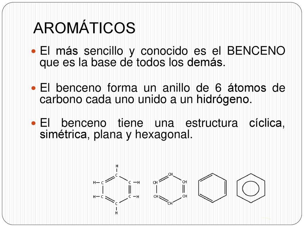 AROMÁTICOS El más sencillo y conocido es el BENCENO que es la base de todos los demás.