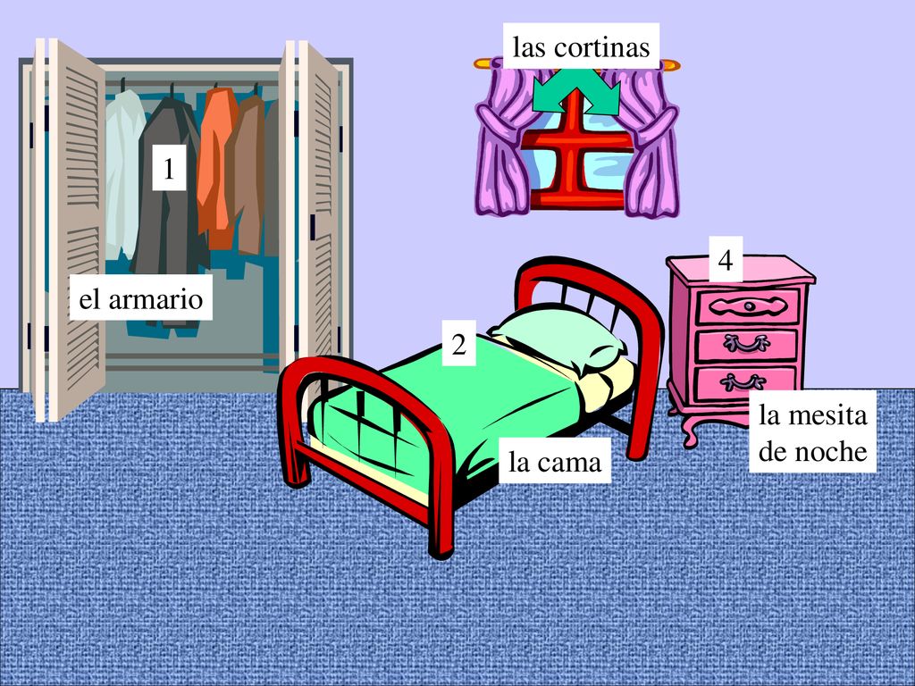 las cortinas el armario 2 la mesita de noche la cama