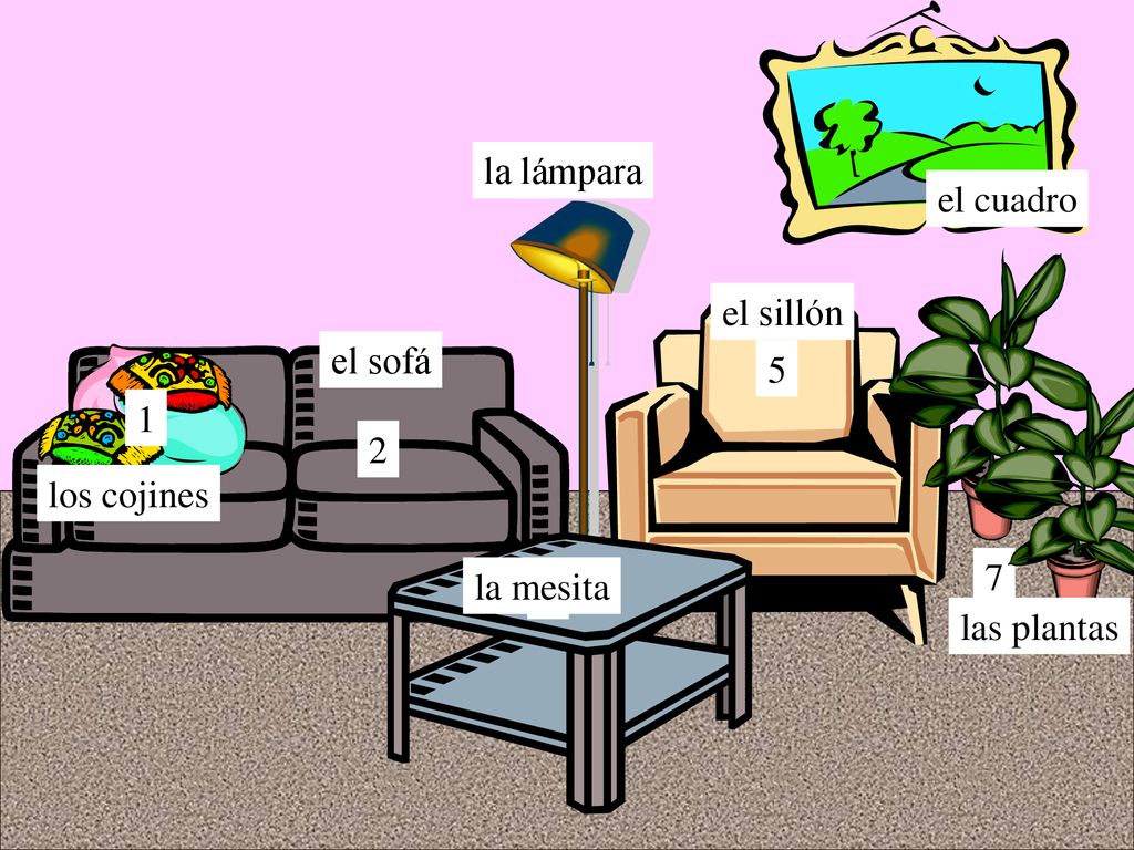 un sofá la lámpara 4 el cuadro 6 el sillón el sofá los cojines 7