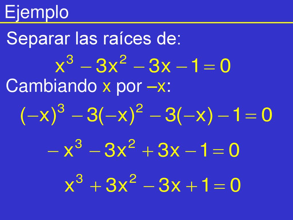 Ejemplo Separar las raíces de: Cambiando x por –x: