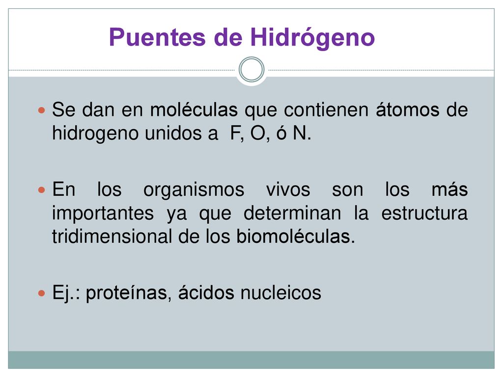 Puentes de Hidrógeno Se dan en moléculas que contienen átomos de hidrogeno unidos a F, O, ó N.