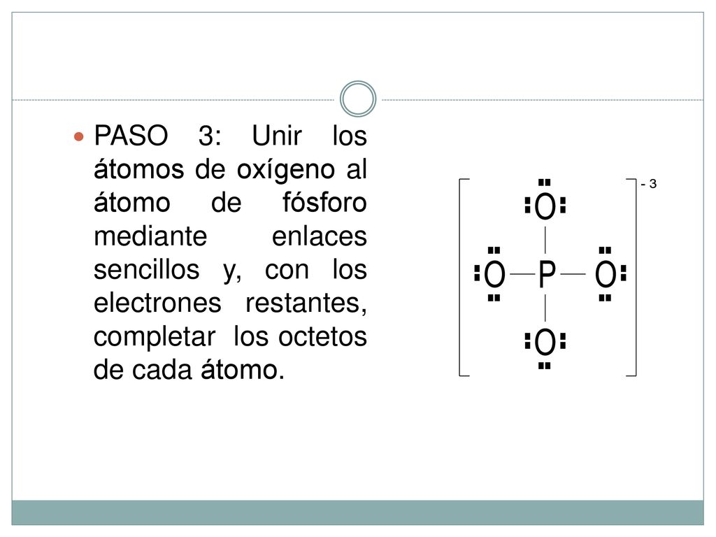 PASO 3: Unir los átomos de oxígeno al átomo de fósforo mediante enlaces sencillos y, con los electrones restantes, completar los octetos de cada átomo.