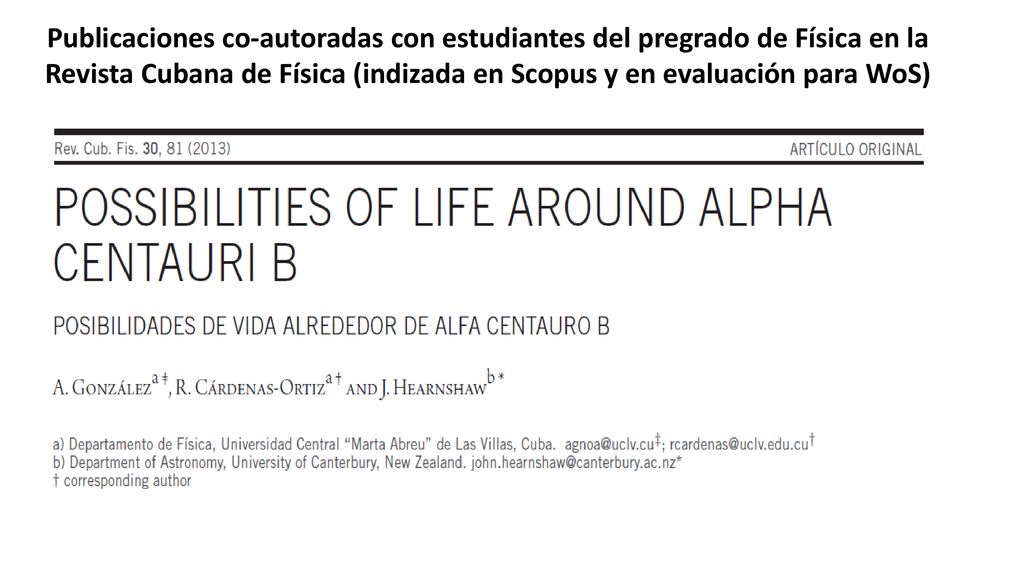 Publicaciones co-autoradas con estudiantes del pregrado de Física en la Revista Cubana de Física (indizada en Scopus y en evaluación para WoS)