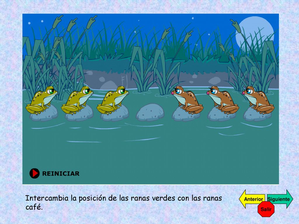 Intercambia la posición de las ranas verdes con las ranas café.