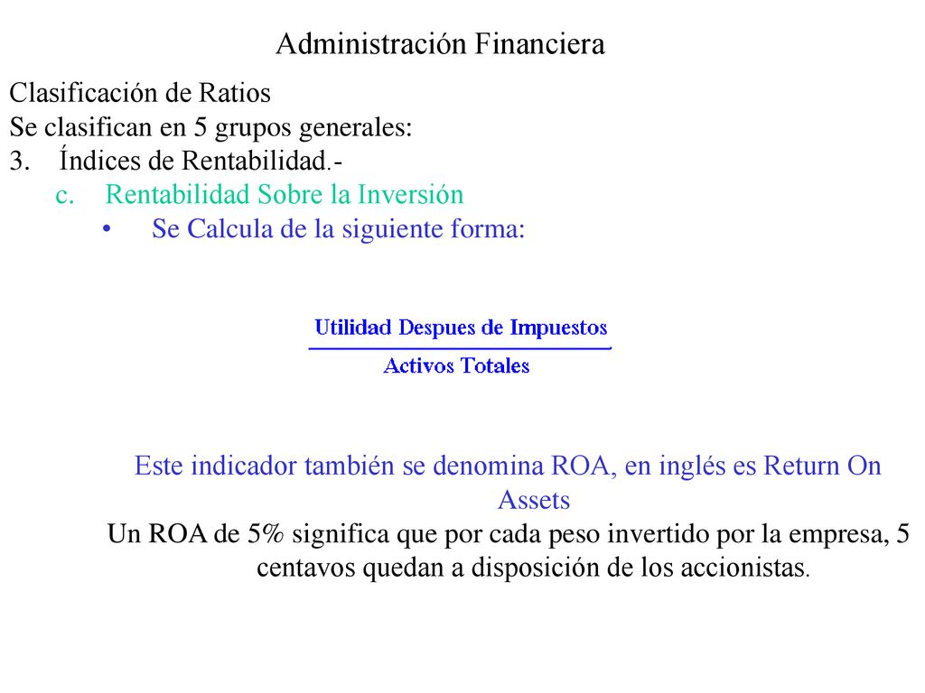 Este indicador también se denomina ROA, en inglés es Return On Assets