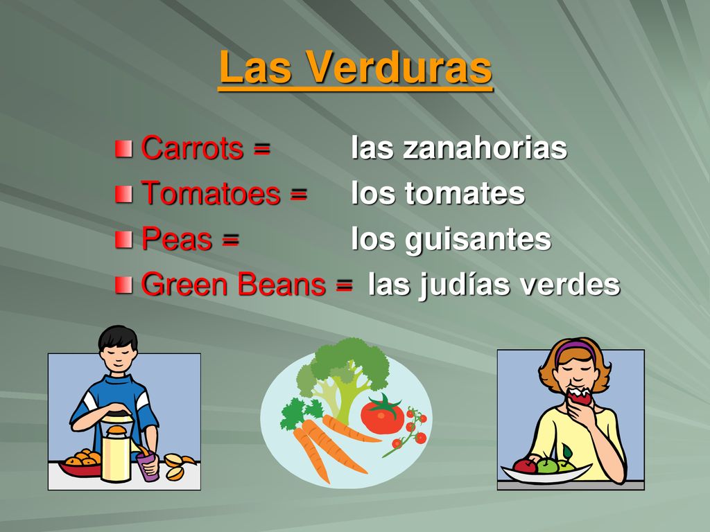 Las Verduras Carrots = Tomatoes = Peas = Green Beans = las zanahorias