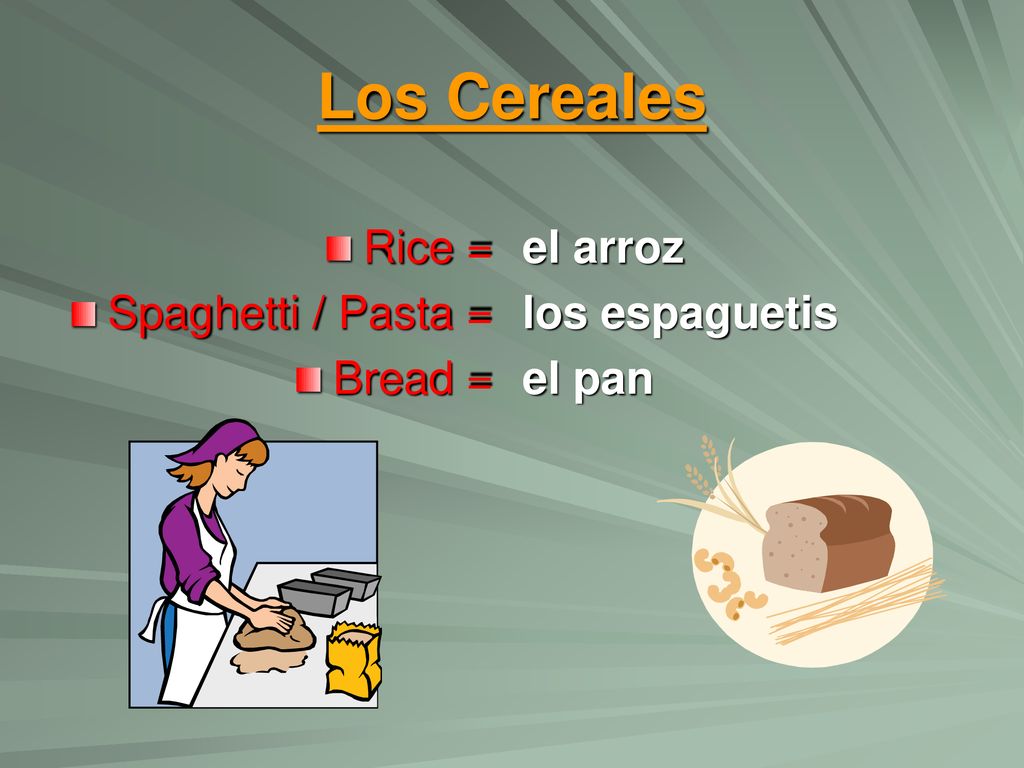 Los Cereales Rice = Spaghetti / Pasta = Bread = el arroz