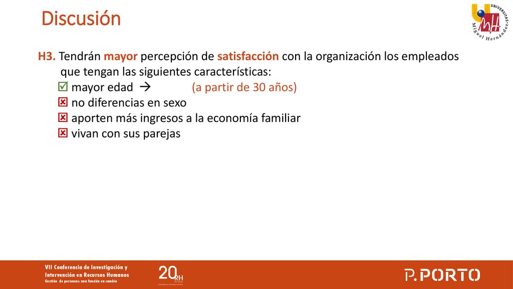 Discusión H3. Tendrán mayor percepción de satisfacción con la organización los empleados que tengan las siguientes características: