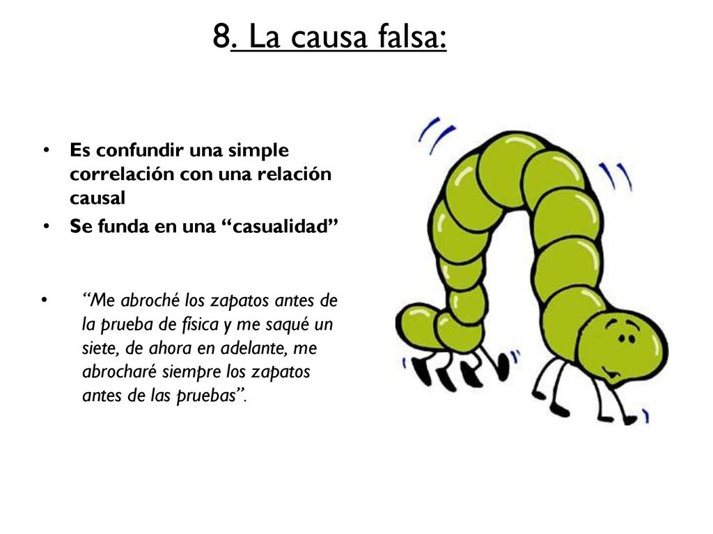 8. La causa falsa: Es confundir una simple correlación con una relación causal. Se funda en una casualidad