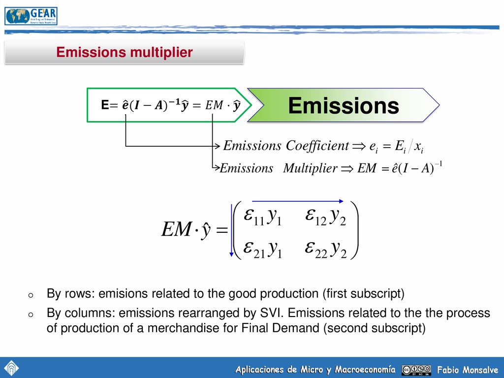Emissions Emissions multiplier E= 𝒆 (𝑰−𝑨) −𝟏 𝒚 =𝐸𝑀· 𝒚
