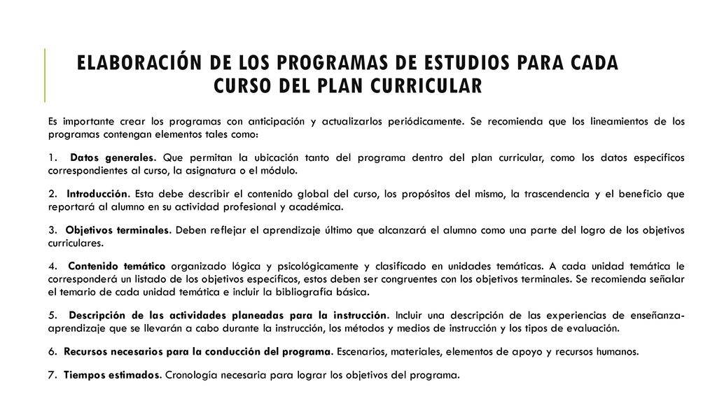 ELABORACIÓN DE LOS PROGRAMAS DE ESTUDIOS PARA CADA CURSO DEL PLAN CURRICULAR
