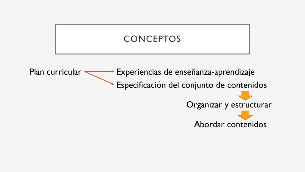 CONCEPTOS Plan curricular. Experiencias de enseñanza-aprendizaje. Especificación del conjunto de contenidos.