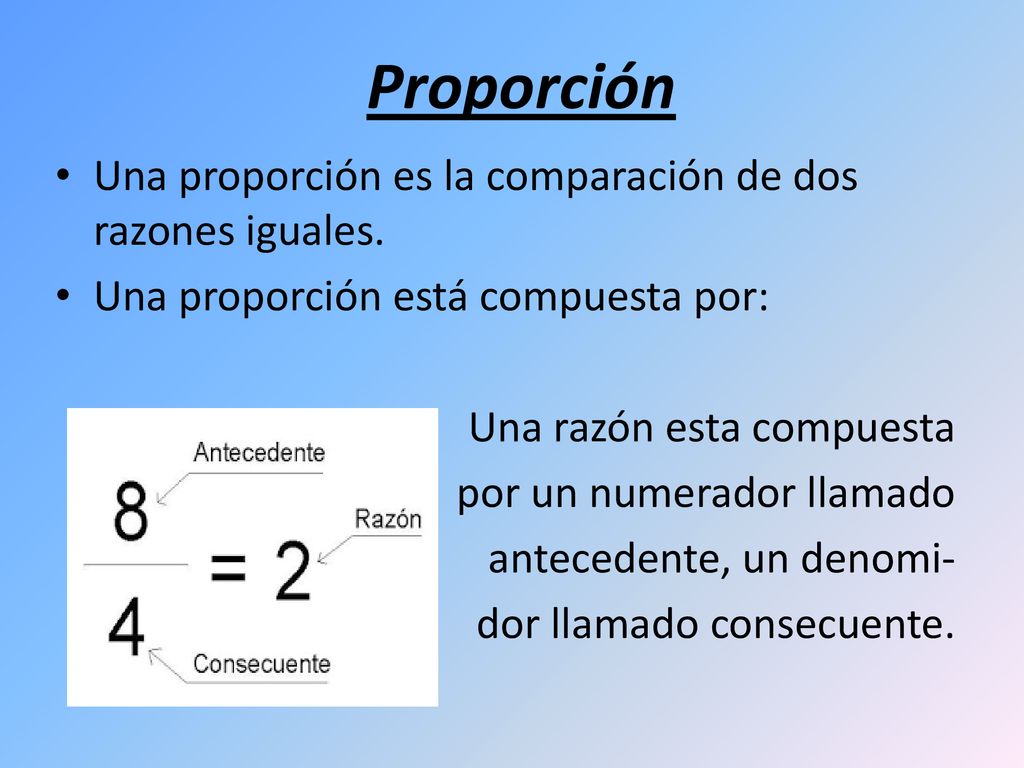 Proporción Una proporción es la comparación de dos razones iguales.