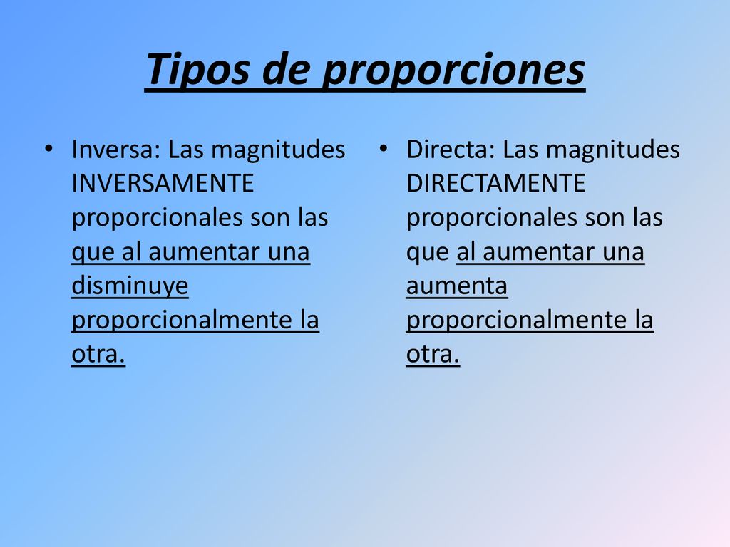 Tipos de proporciones Inversa: Las magnitudes INVERSAMENTE proporcionales son las que al aumentar una disminuye proporcionalmente la otra.
