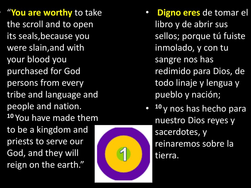 You are worthy to take the scroll and to open its seals,because you were slain,and with your blood you purchased for God persons from every tribe and language and people and nation. 10 You have made them to be a kingdom and priests to serve our God, and they will reign on the earth.