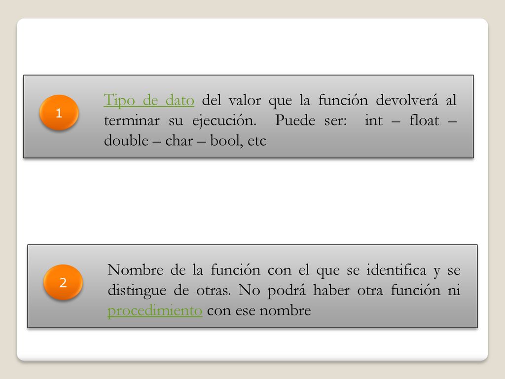 Tipo de dato del valor que la función devolverá al terminar su ejecución. Puede ser: int – float – double – char – bool, etc