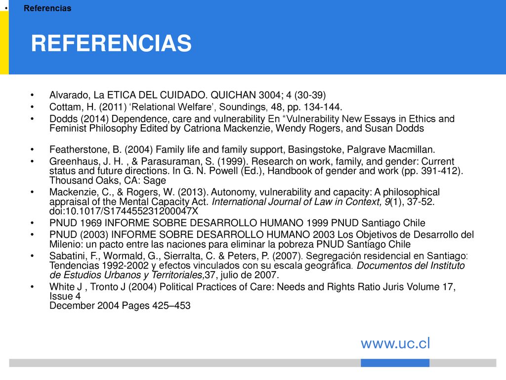 REFERENCIAS Alvarado, La ETICA DEL CUIDADO. QUICHAN 3004; 4 (30-39)