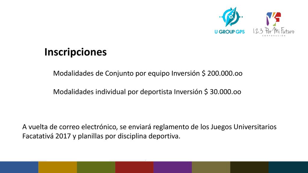 Inscripciones Modalidades de Conjunto por equipo Inversión $ oo. Modalidades individual por deportista Inversión $ oo.