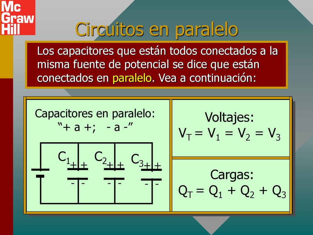 Capacitores en paralelo: + a +; - a -