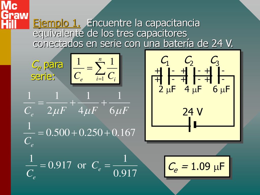Ejemplo 1. Encuentre la capacitancia equivalente de los tres capacitores conectados en serie con una batería de 24 V.