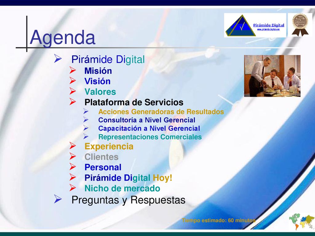 Agenda Pirámide Digital Preguntas y Respuestas Misión Visión Valores