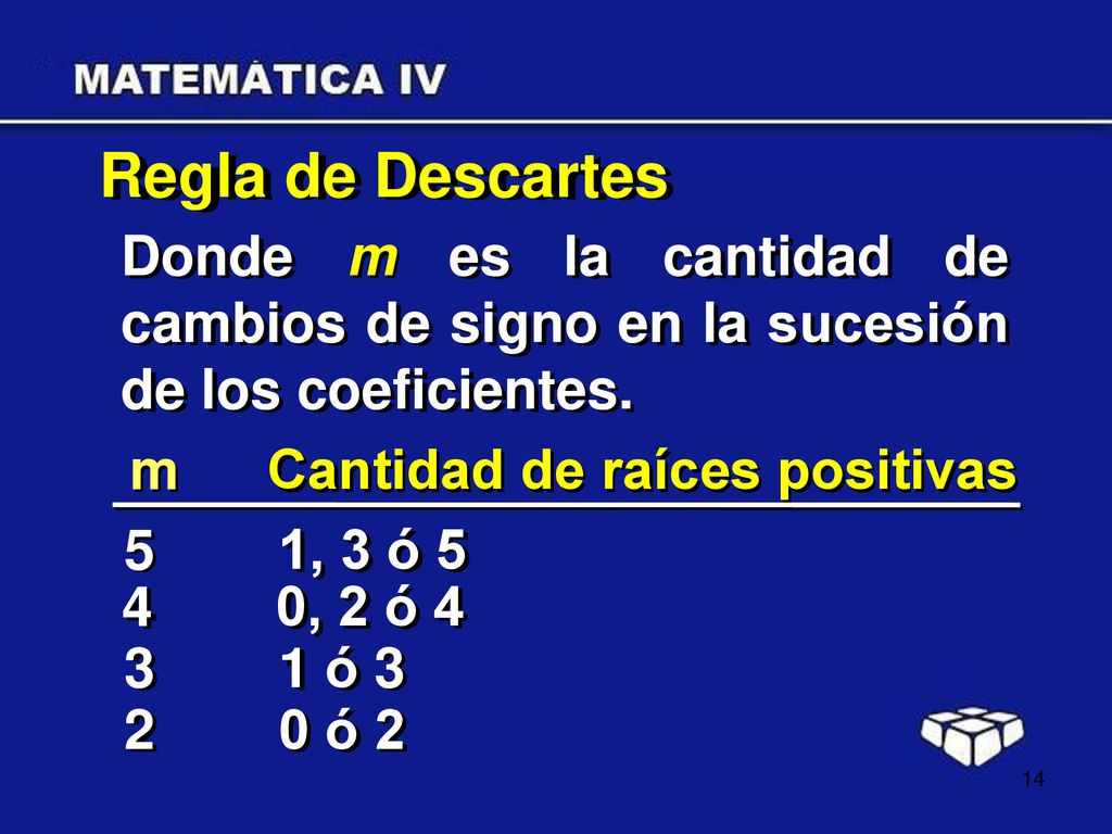 Regla de Descartes Donde m es la cantidad de cambios de signo en la sucesión de los coeficientes. m.