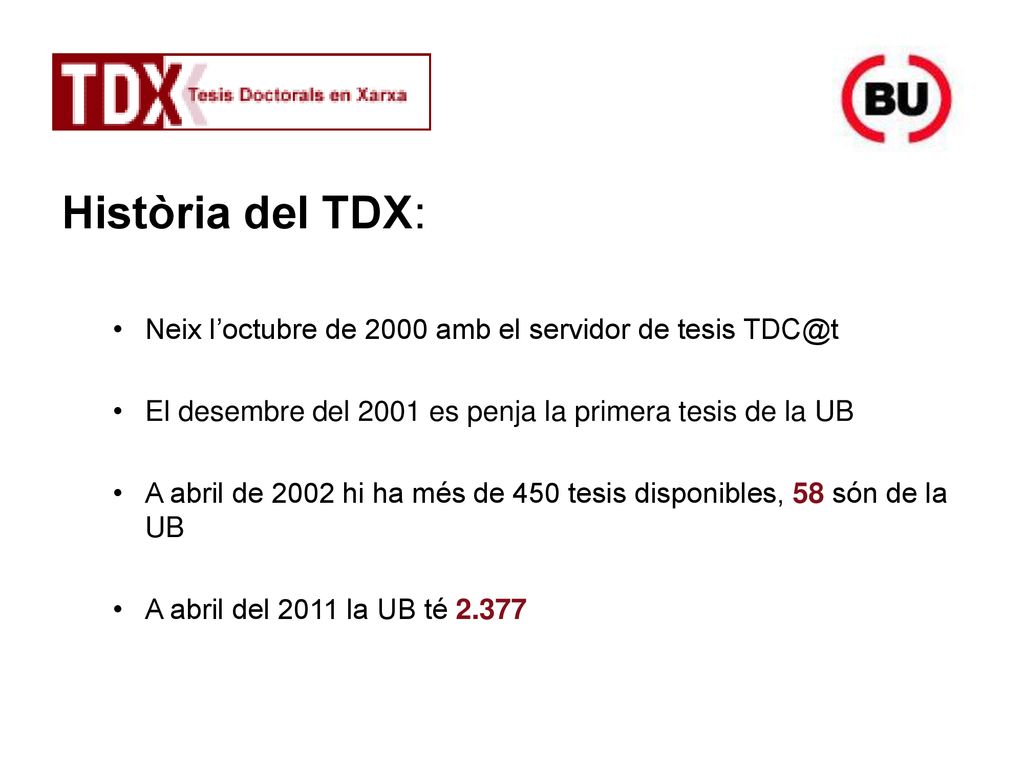 Història del TDX: Neix l’octubre de 2000 amb el servidor de tesis El desembre del 2001 es penja la primera tesis de la UB.
