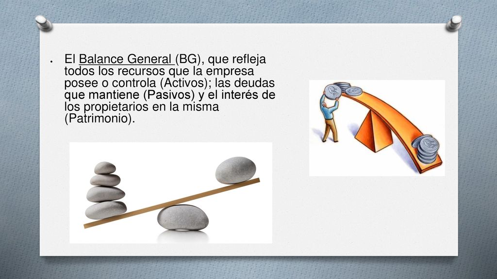 El Balance General (BG), que refleja todos los recursos que la empresa posee o controla (Activos); las deudas que mantiene (Pasivos) y el interés de los propietarios en la misma (Patrimonio).