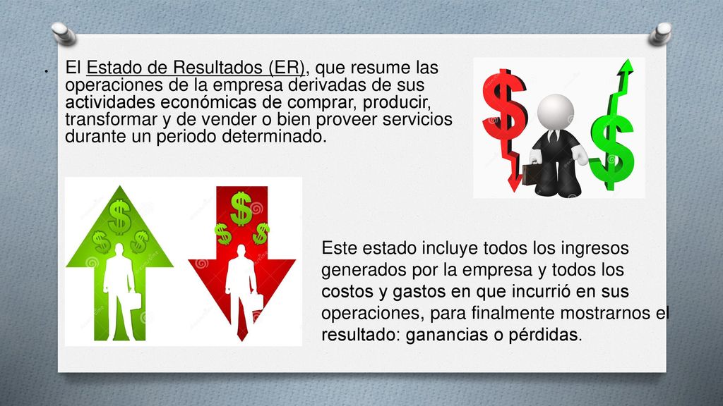 El Estado de Resultados (ER), que resume las operaciones de la empresa derivadas de sus actividades económicas de comprar, producir, transformar y de vender o bien proveer servicios durante un periodo determinado.