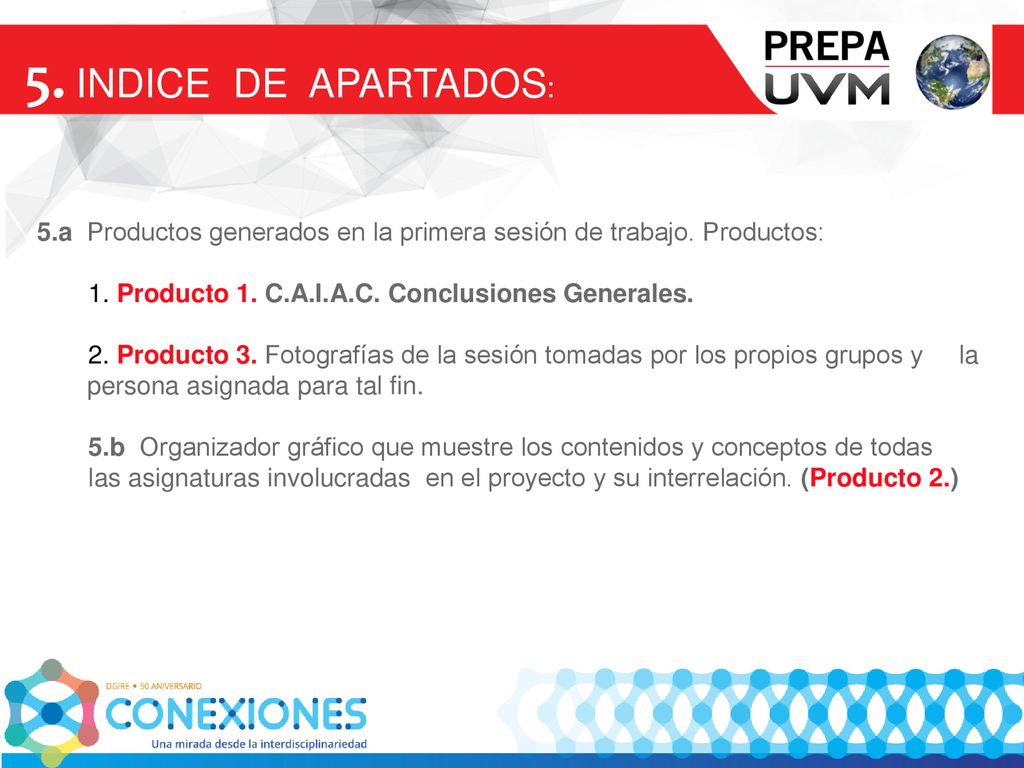 5. INDICE DE APARTADOS: 5.a Productos generados en la primera sesión de trabajo. Productos: 1. Producto 1. C.A.I.A.C. Conclusiones Generales.