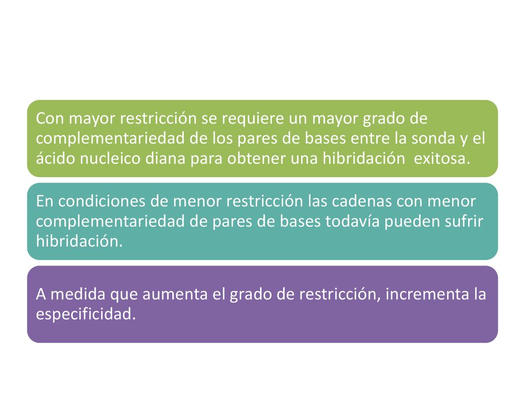 Con mayor restricción se requiere un mayor grado de complementariedad de los pares de bases entre la sonda y el ácido nucleico diana para obtener una hibridación exitosa.